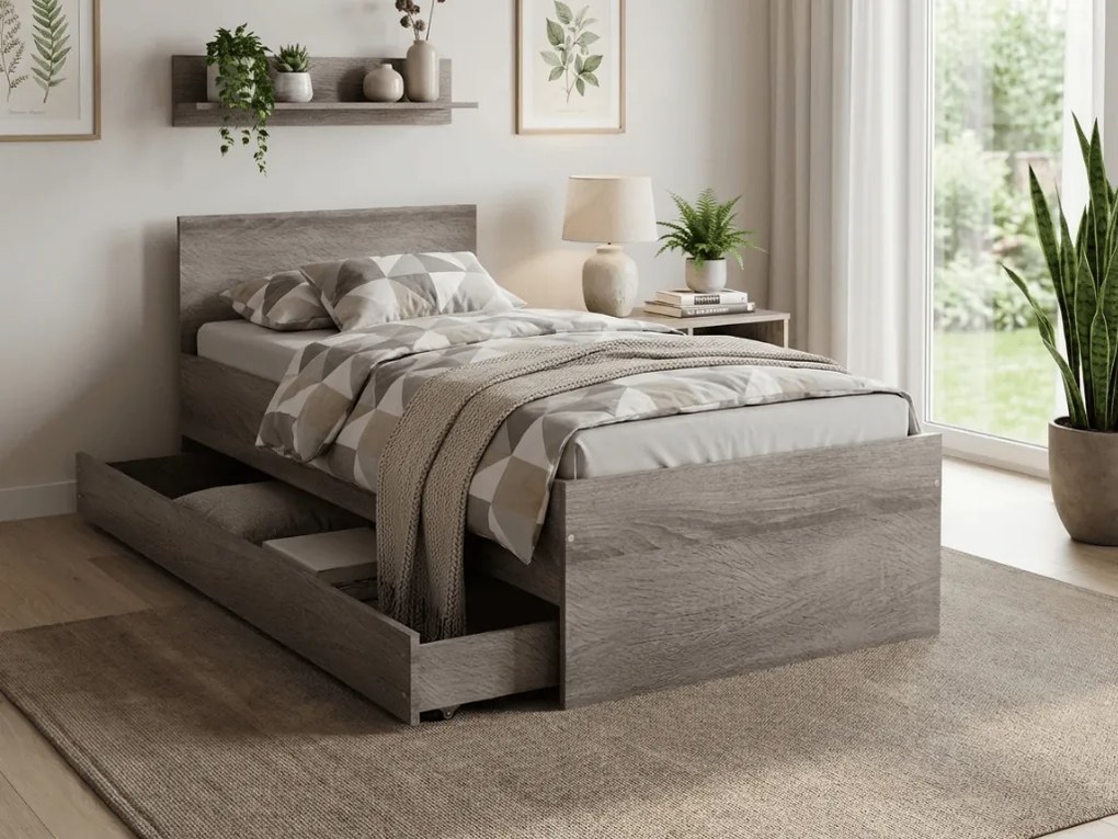 Pat ELISA 90 x 200 cm, stejar trufa Saltele: Cu saltele Deluxe 10 cm, Somiera pat: Fara somiera