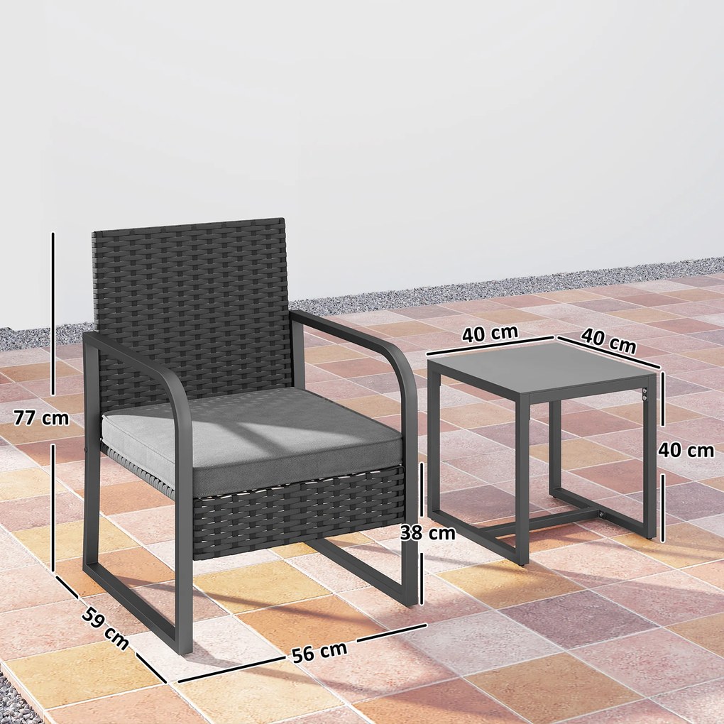 Outsunny Set de Grădină 3 Piese din Rattan PE și Oțel, Set cu 2 Fotolii cu Perne Lavabile și Măsuță de Cafea cu Blat din Sticlă, Set de Mobilier pentru Balcon, Terasă sau Curte, Gri Închis și Negru | Aosom Romania