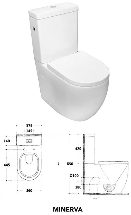 Set vas WC Fluminia, Minerva, stativ, rimless cu rezervor si capac soft-close si easy off inclus