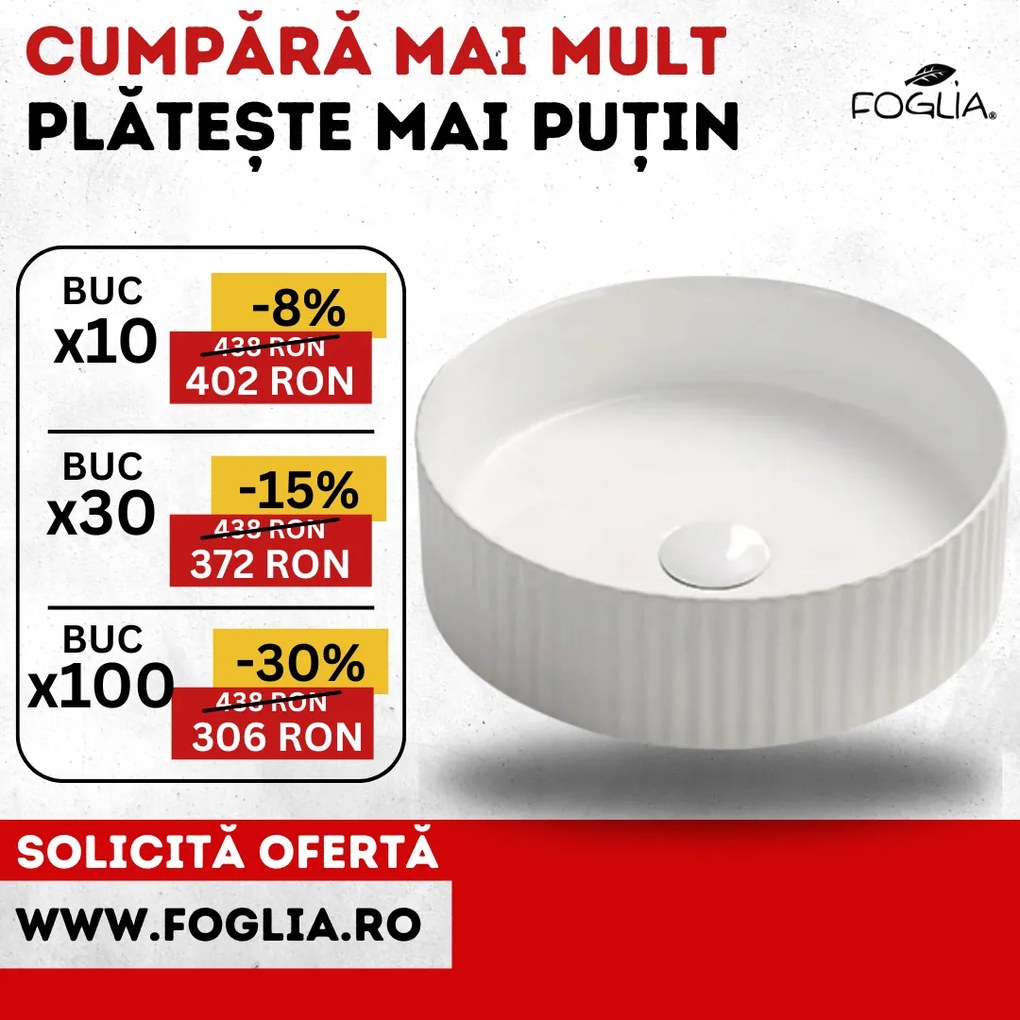 Lavoar rotund pe blat, cu riflaje 3D, alb lucios, Imperial Foglia Alb lucios