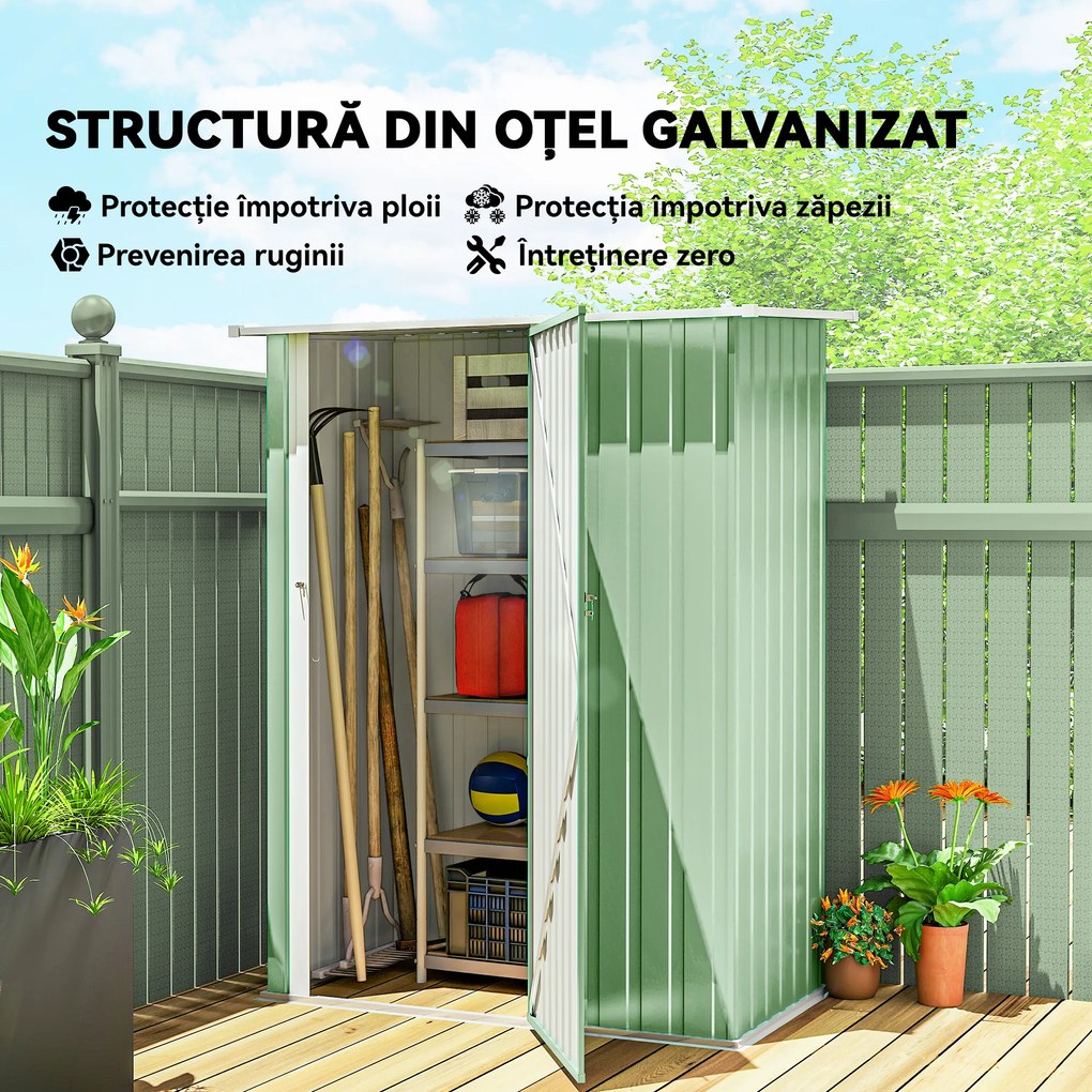 Outsunny Căsuță de Grădină 1.07m² din Oțel Galvanizat, Magazie pentru Unelte cu Ușă Blocabilă și Acoperiș Înclinat, 142x86x189 cm, Verde Deschis | Aosom Romania