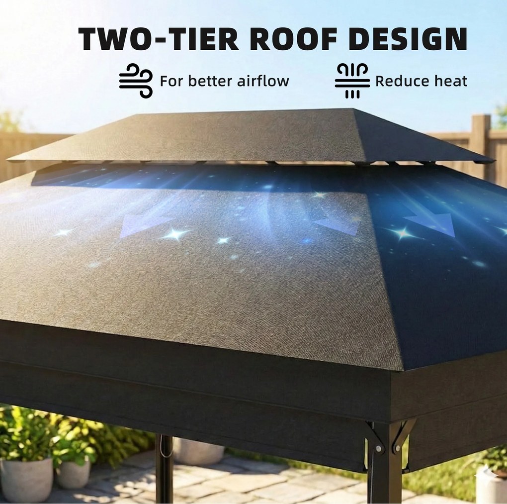 Outsunny Foișor de Grădină 4x3 m cu Perdele Laterale Rulante, Foișor Exterior cu 8 Orificii de Drenaj, Acoperiș Dublu și Structură Metalică, pentru Grădină, Balcon, Petreceri, Curte, Terasă, Gri Închis | Aosom Romania