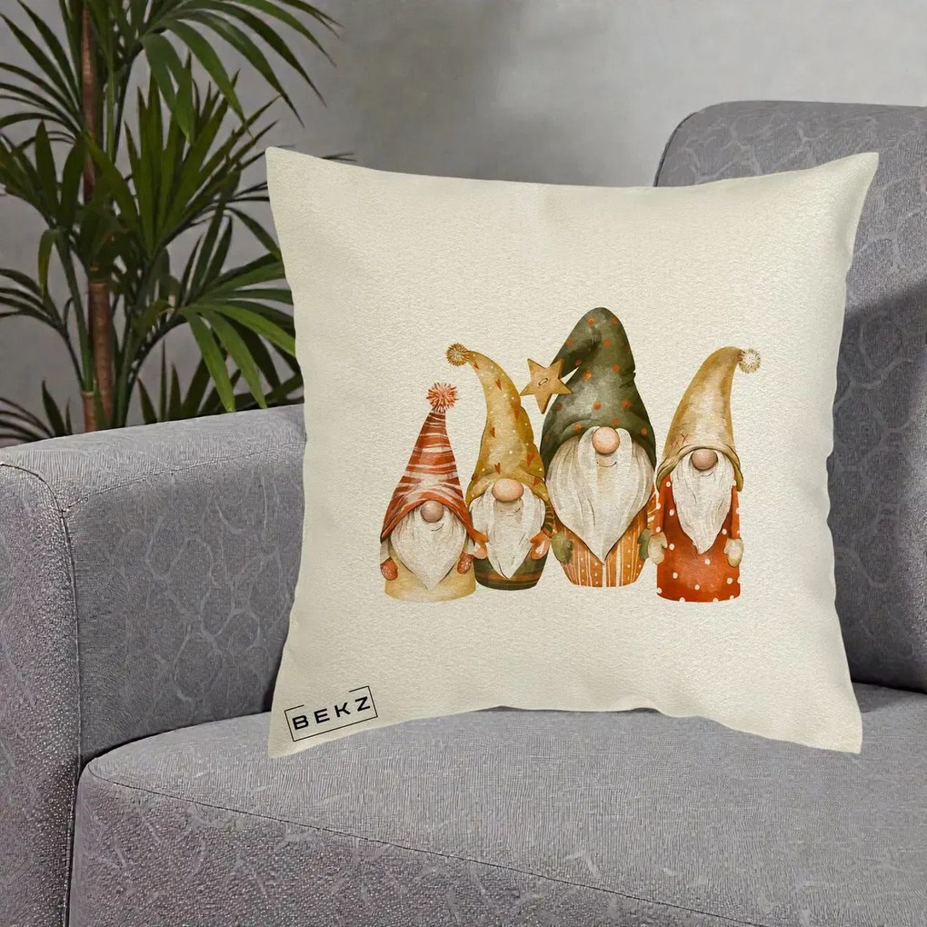 Perna Decorativa Gnomi de Craciun Patru, 40x40 cm, Ecru, Husa Detasabila, Perna Inclusa, BEKZ®