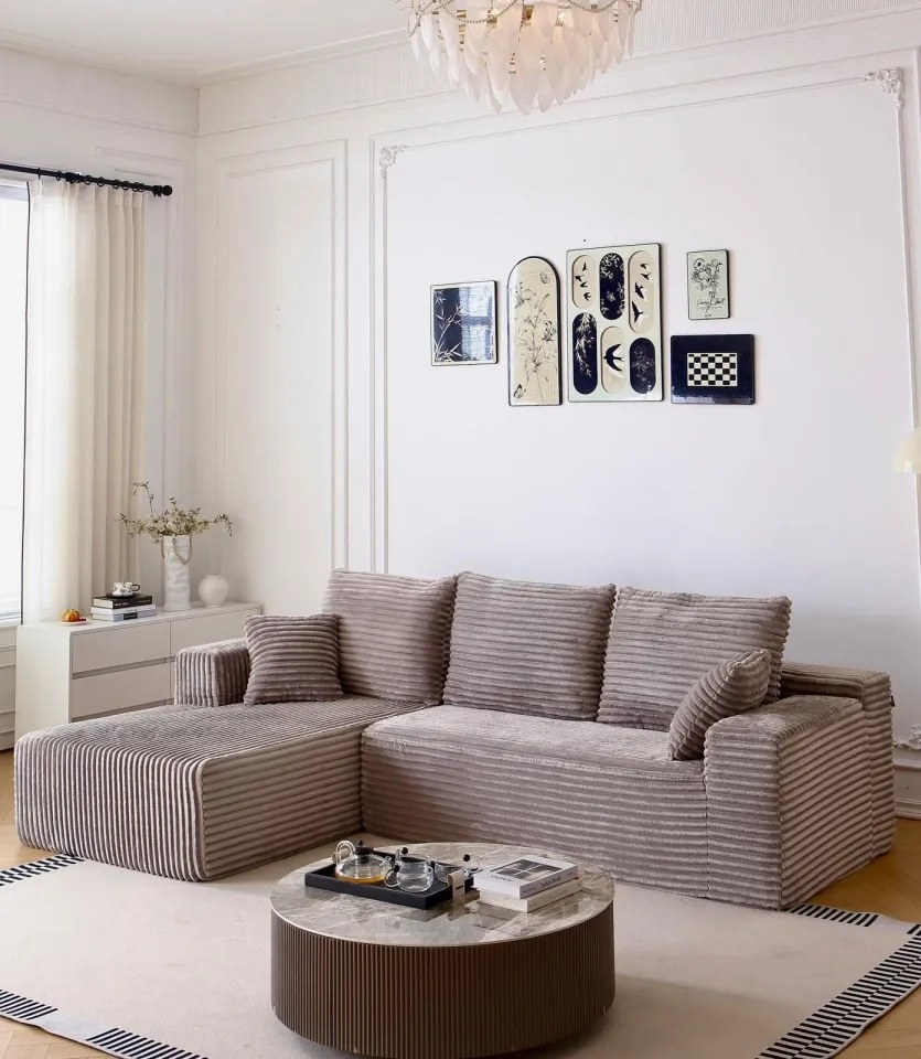 Canapea Colțar Premium Memory Foam HD 270x170x70 cm | Material Plusat Reiat cu Dungi Groase (Culoare: Crem)