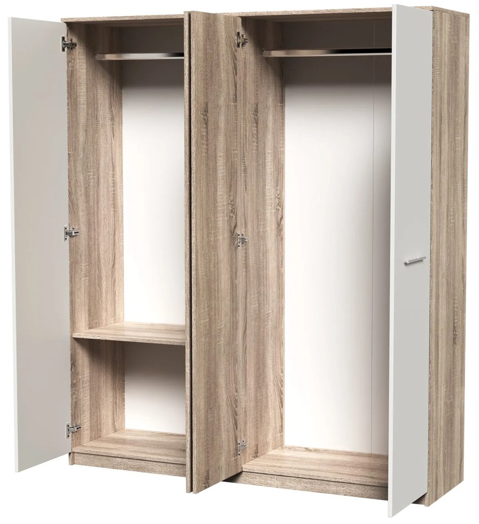 Dormitor Luiza 4U5P, culoare sonoma / alb, cu pat standard 140 x 200 cm, dulap cu 4 usi, comoda si 2 noptiere