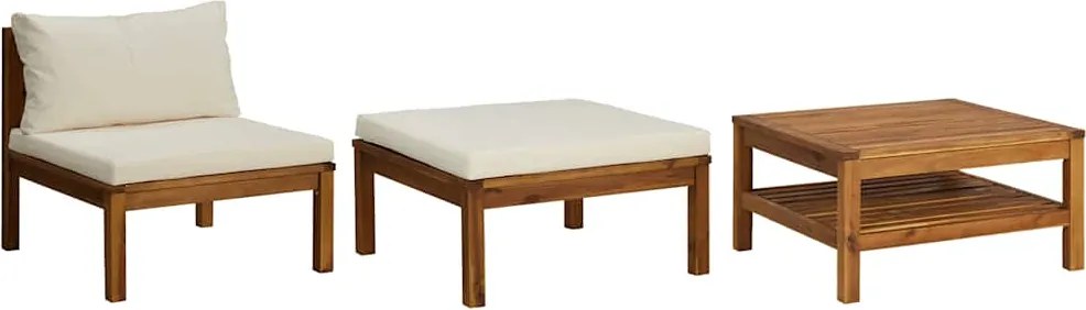 vidaXL Set mobilier grădină perne alb crem, 3 piese, lemn masiv acacia