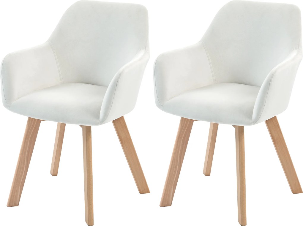 HOMCOM Set de 2 scaune pentru sufragerie Scaun Șezut tapițat din țesătură cu efect catifelat Picioare din lemn, crem | Aosom Romania