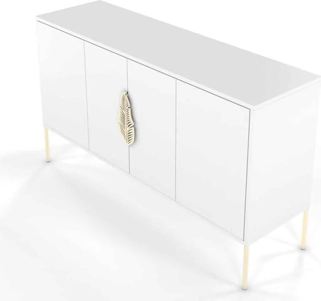 Comodă lemn masiv Merlin Personalizabilă Accesorii placate cu Aur, 138 × 40 × 79 cm - Alb