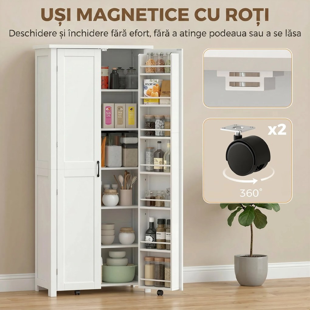 HOMCOM Dulap Modern de Bucătărie: Roți, 2 Uși, 14 Suporturi, Alb. | Aosom Romania