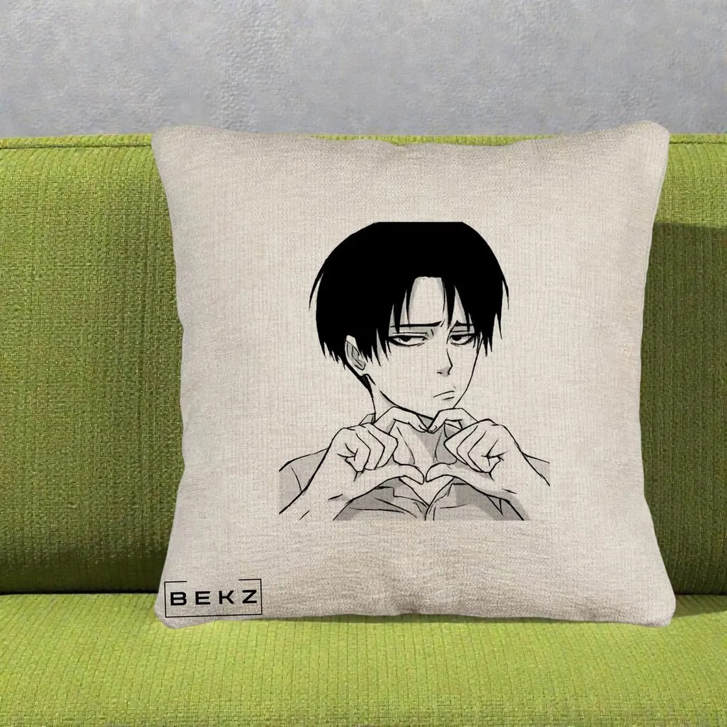 Perna Personalizata Levi Ackerman Inima, 40x40 cm, Bej Canapea, Husa Detasabila, Perna Inclusa, BEKZ®