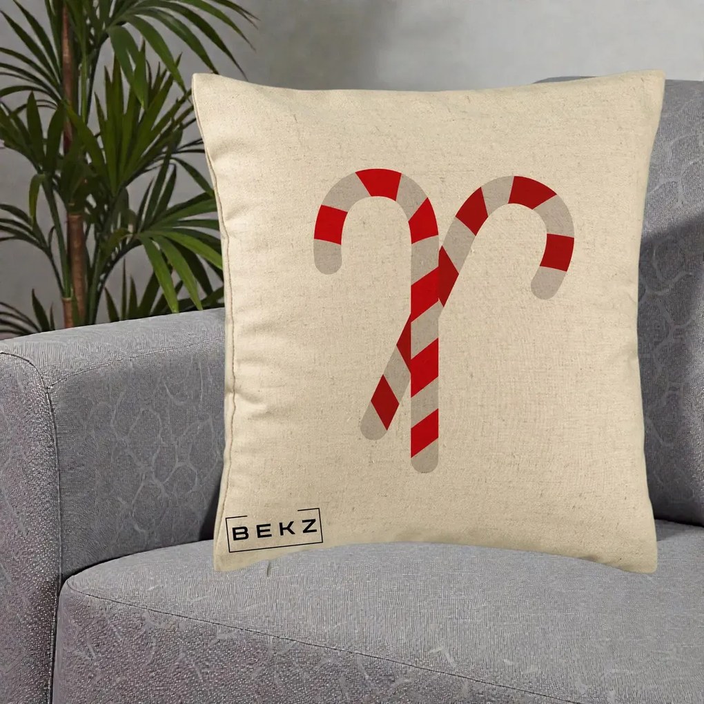 Perna Decorativa Candy Cane de Craciun, 40x40 cm, Bej, Husa Detasabila, Perna Inclusa, BEKZ®