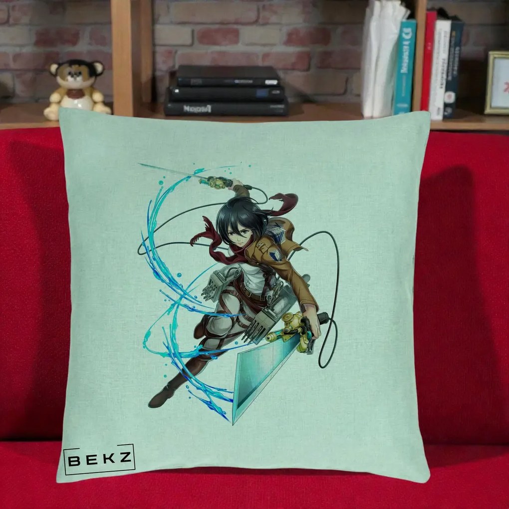 Perna Personalizata Attack on Titan Mikasa Ackerman Lupta, 40x40 cm, Verde Menta, Husa Detasabila, Perna Inclusa, BEKZ®
