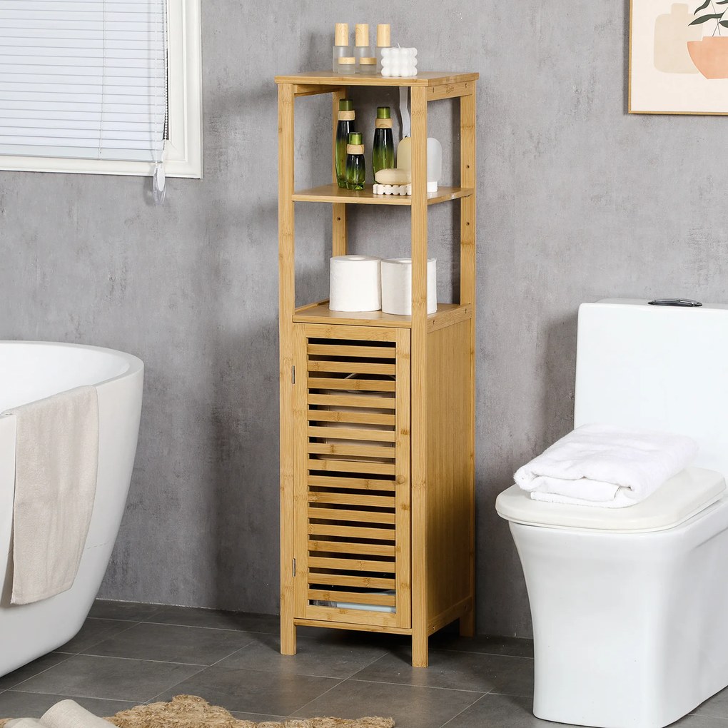 Kleankin Dulap Baie din Bambus, Dulap de Baie cu 2 Rafturi Deschise și Dulap cu Uși, Bambus Natural | Aosom Romania