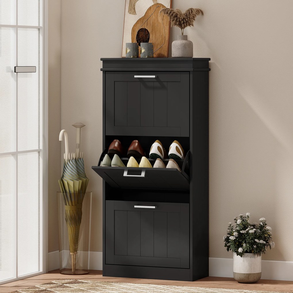 HOMCOM Dulap pentru Depozitarea Pantofilor cu 3 Sertare Rabatabile pentru 15 Perechi de Pantofi, 54x24x117,5 cm, Negru | Aosom Romania