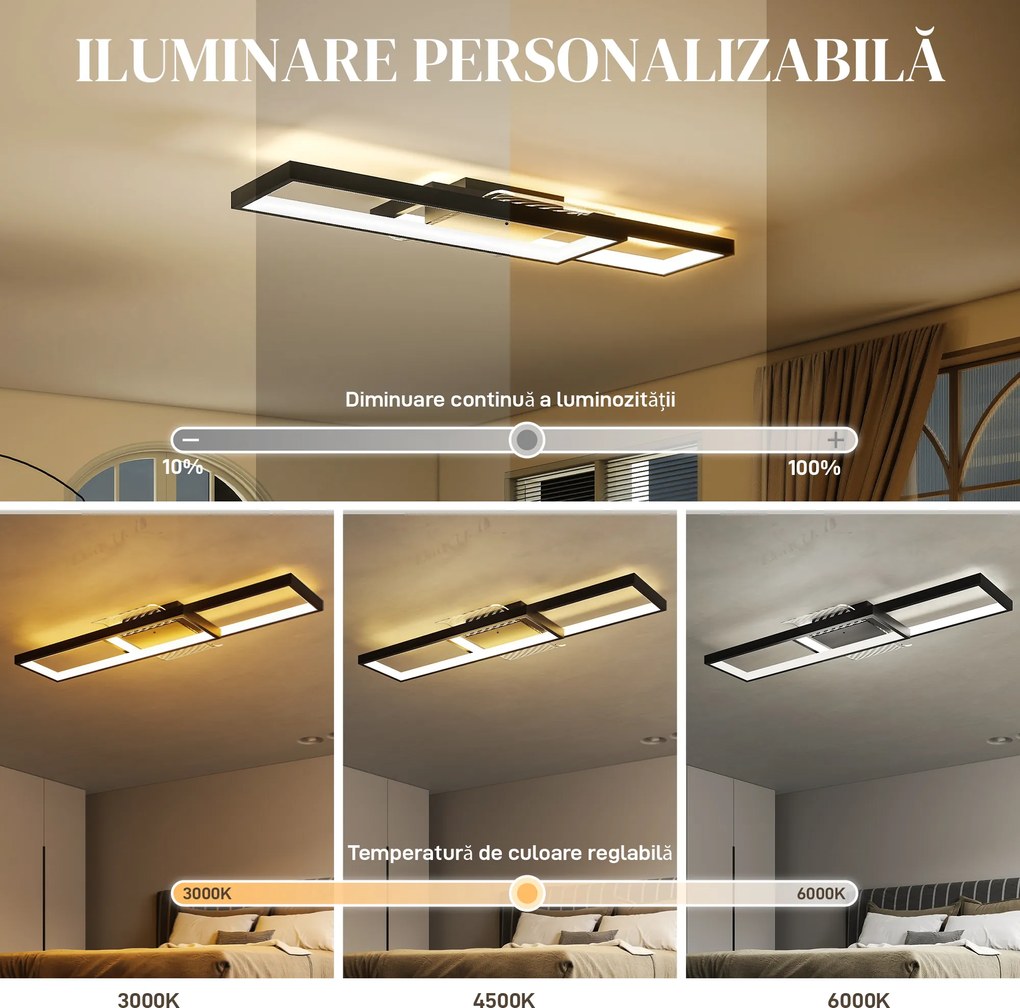 HOMCOM Plafonieră LED Reglabilă cu Telecomandă și Întrerupător, Temperatura Culoare 3000-6000K, Lampă de Design pentru Living și Sufragerie, 70x30 cm, Negru | Aosom Romania