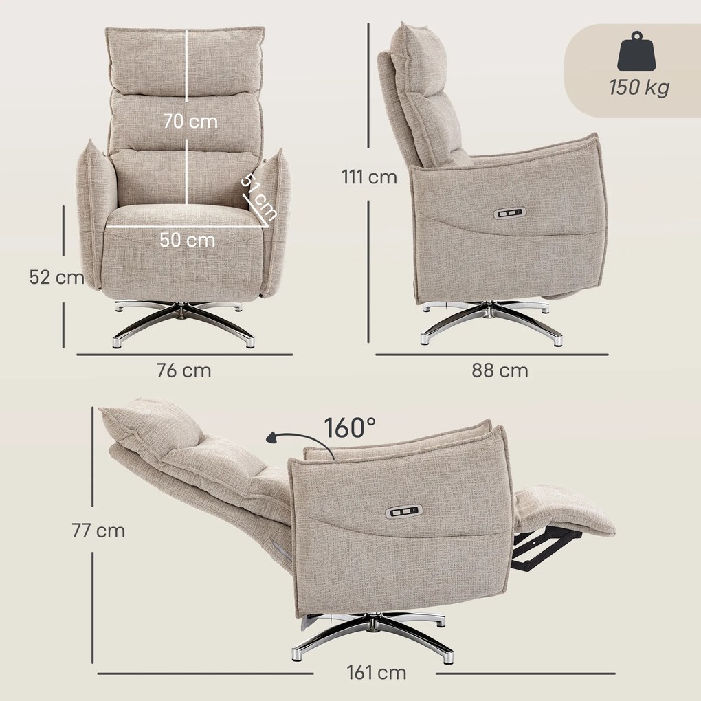 HOMCOM Fotoliu relax electric rotativ pentru adulți, fotoliu cu material aspect in și porturi de încărcare, bej | Aosom Romania