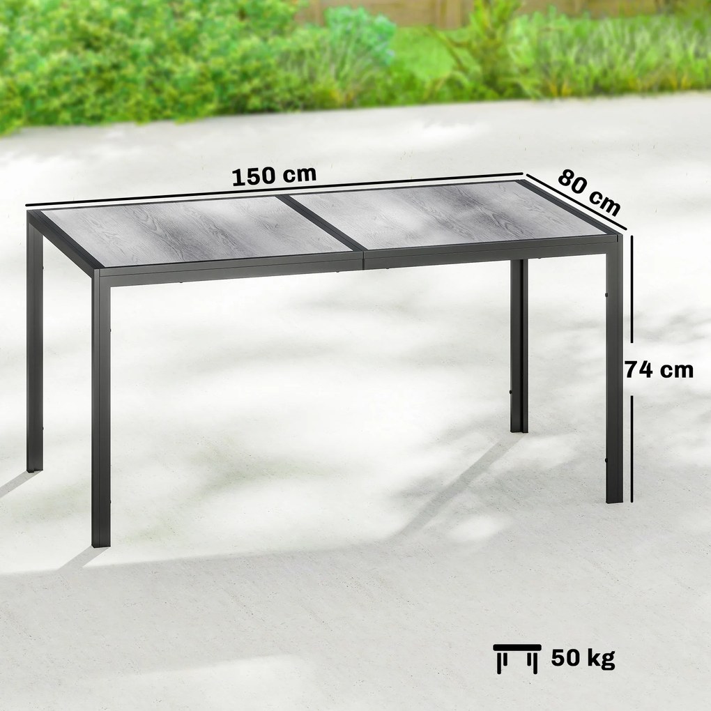 Outsunny Masă de grădină pentru 4 până la 6 persoane, masă de luat masa exterioară cu blat cu efect lemn, 150 x 80 x 74 cm, gri | Aosom Romania