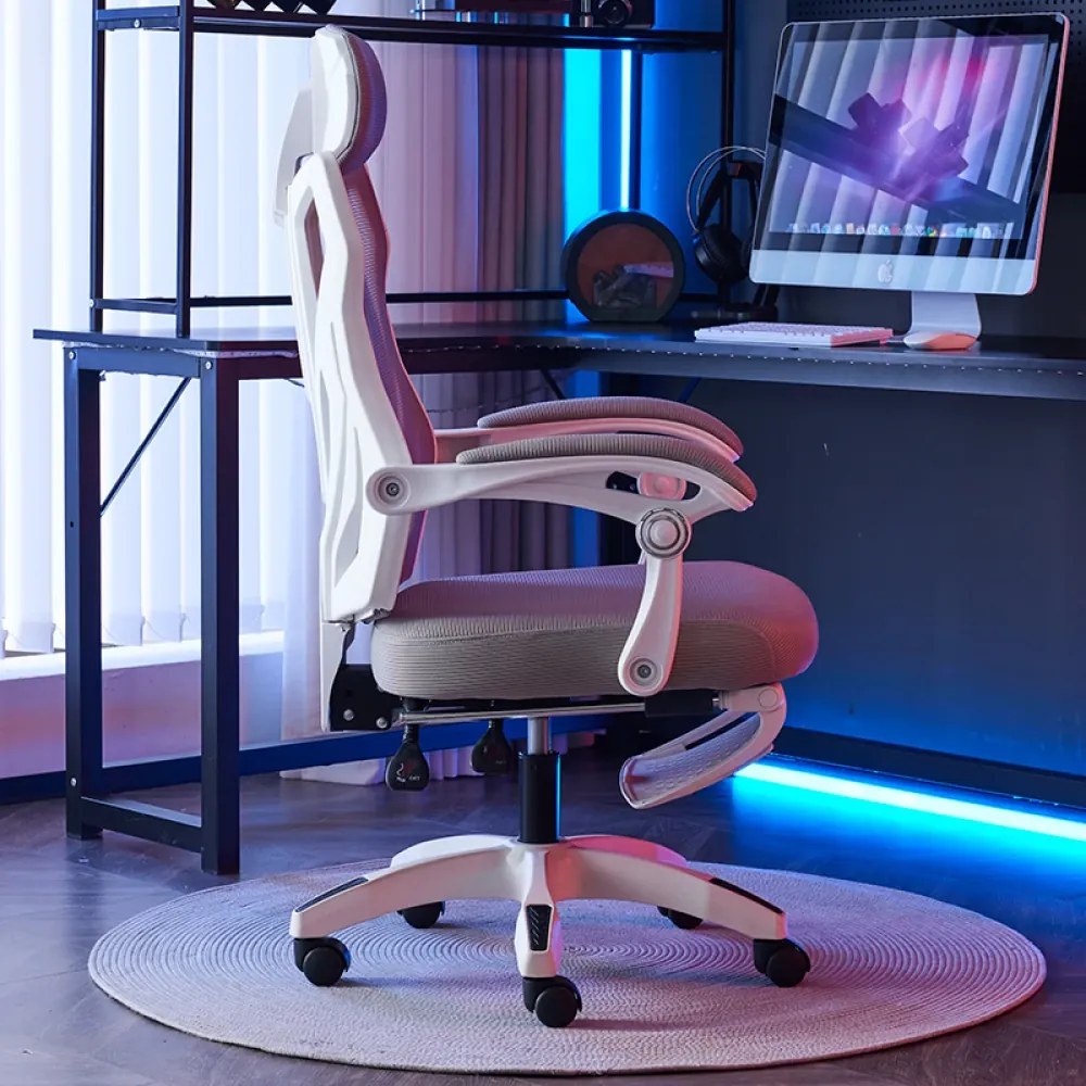 Scaun ergonomic, Mesh, tetiera reglabila, suport picioare, Alb/Gri