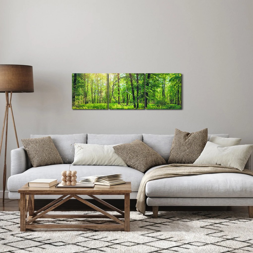 Tablou - Pădurea cu frunze de primăvară (cu ceas) (90x30 cm)