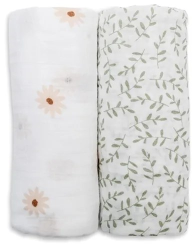 Lulujo -  Set 2 museline din bambus si bumbac - 100 x 100 cm– Daisies/Greenery