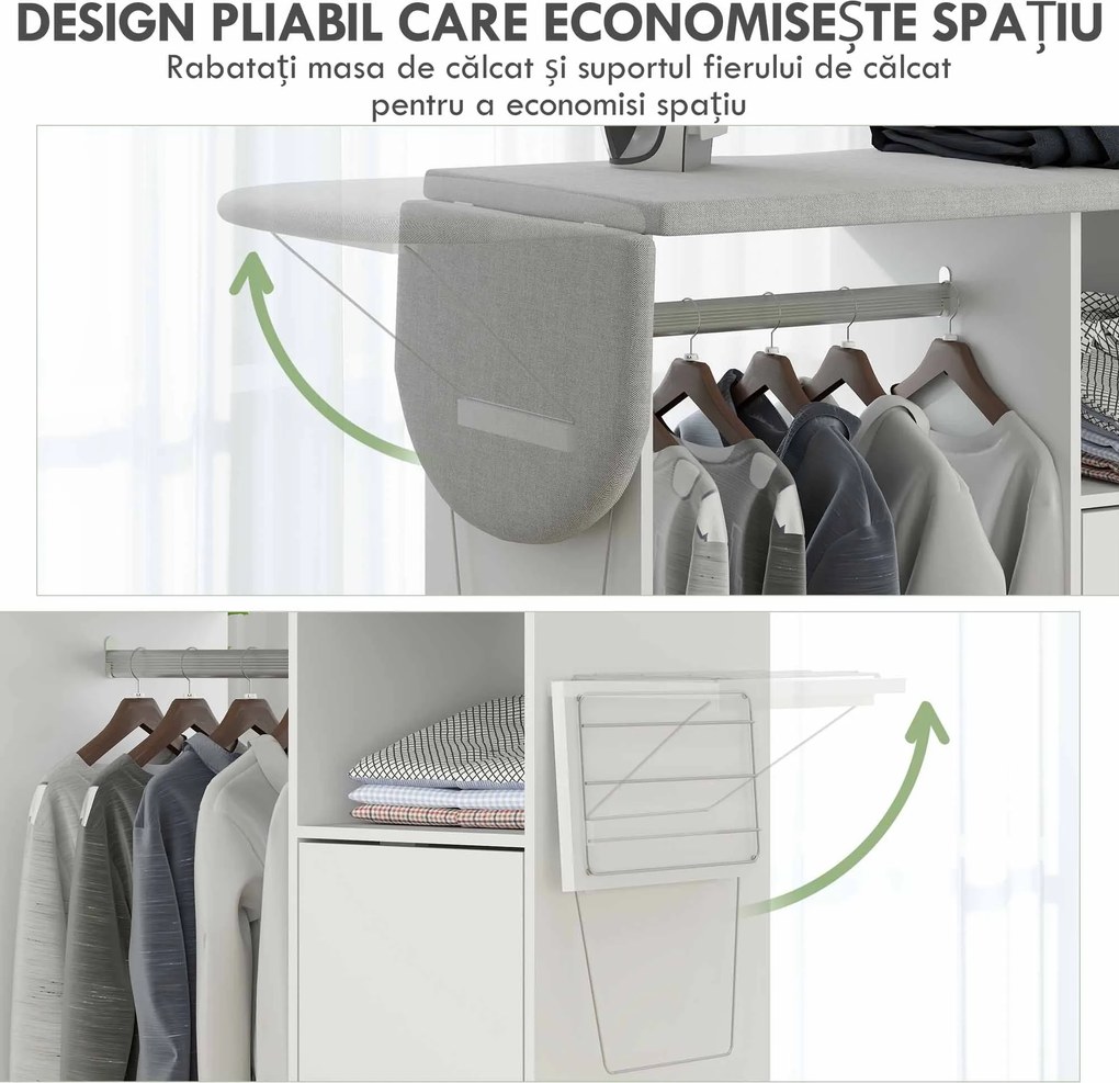 HOMCOM Dulap Multifuncțional cu Masă de Călcat | Blat din Tesatura Efect In | 3 Rafturi | Ghidaj pentru Agățat | 127x42.5x99 cm | Alb | Aosom Romania