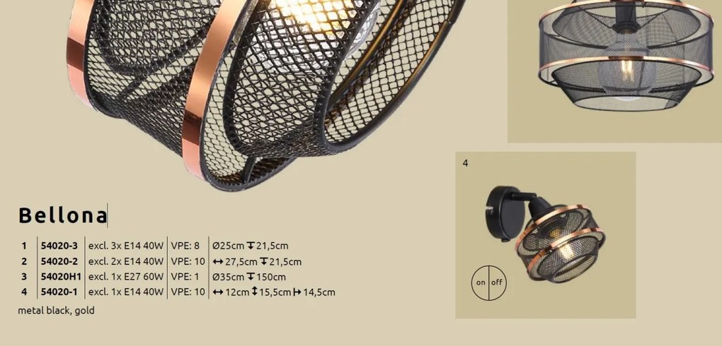 Aplica de perete/tavan metal negru/auriu BELLONA 2