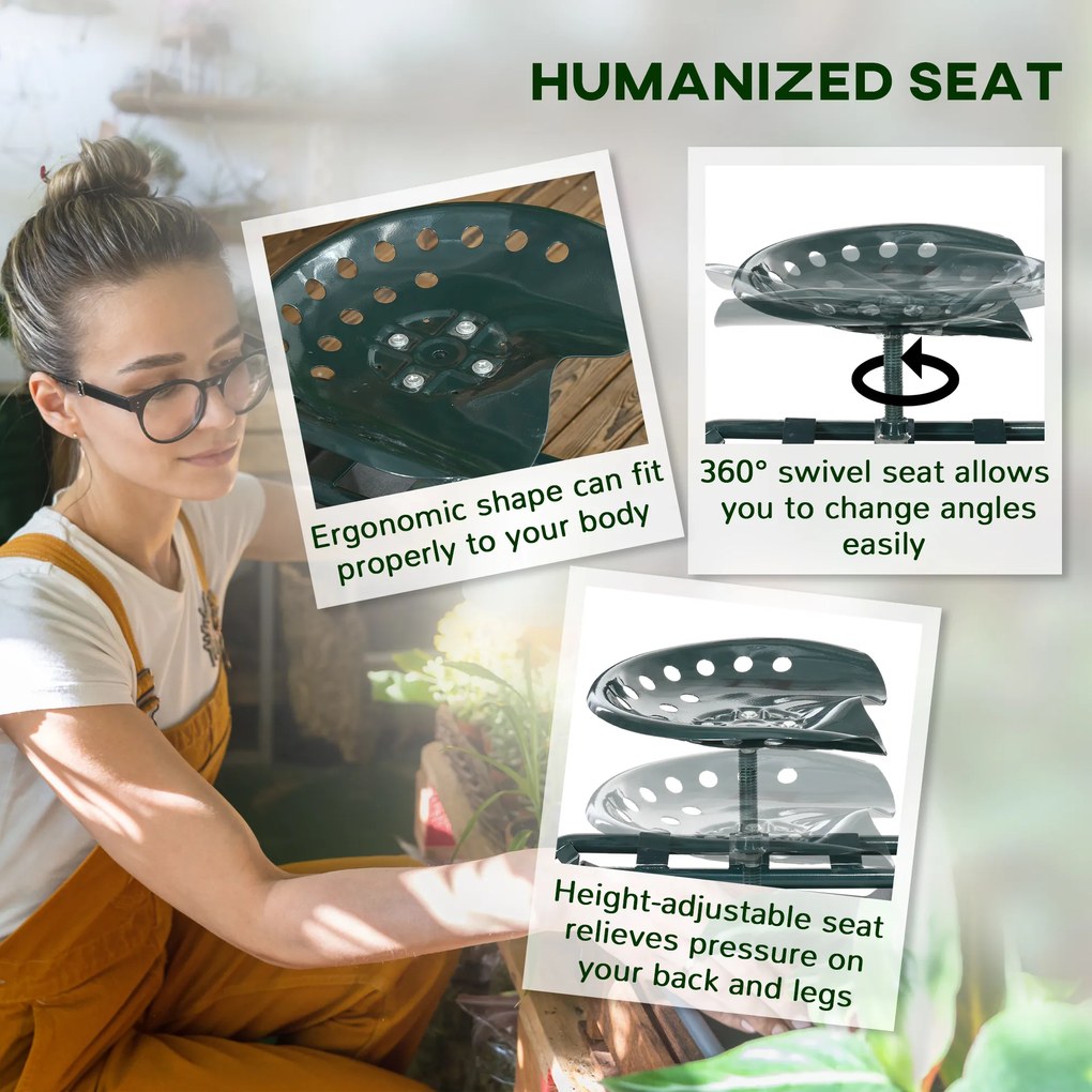 Outsunny Cărucior de Grădină cu Șezut Rotativ, Tavă pentru Unelte și Înălțime Reglabilă, pentru Terasă și Curte | Aosom Romania