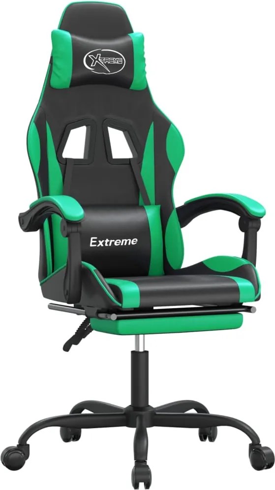 vidaXL Scaun de gaming pivotant/suport picioare negru/verde piele eco