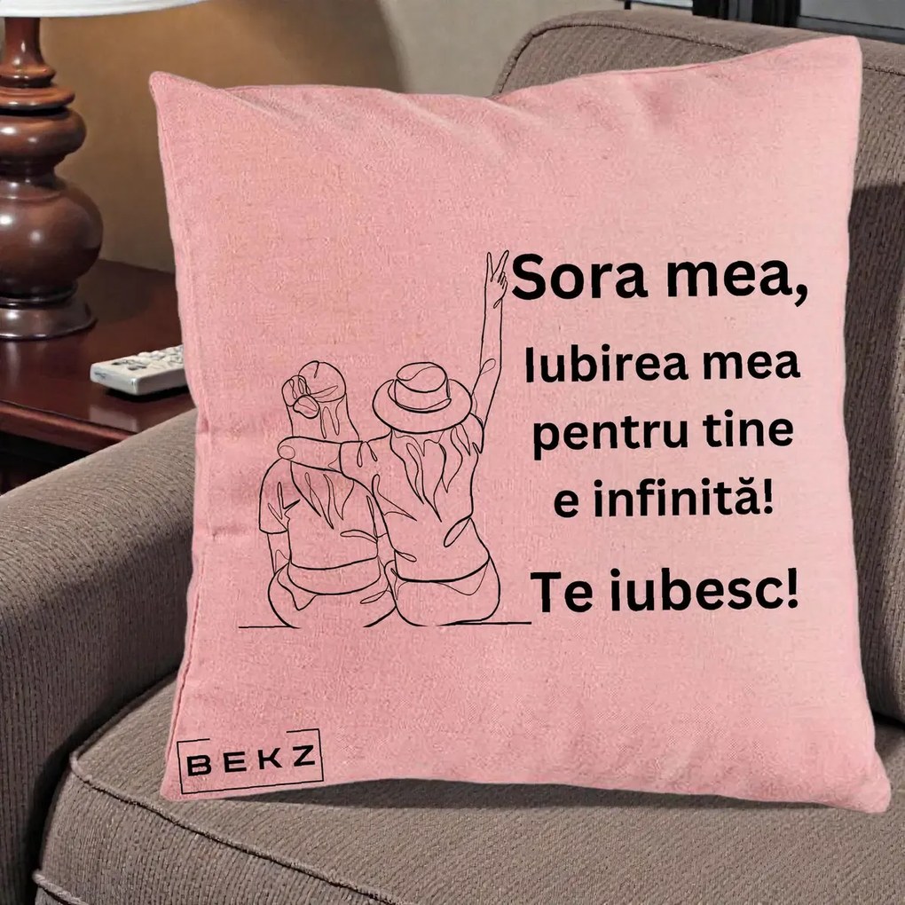 Cadou pentru Sora - Perna Personalizata Sora Mea Te Iubesc Line Art Portrete Colorate, 40x40 cm, Roz, Husa Detasabila, Perna Inclusa, BEKZ®