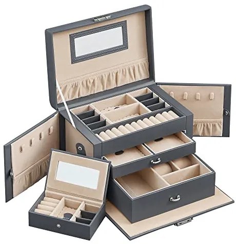 Cutie de bijuterii, Songmics, Gri, 26x18x17 cm