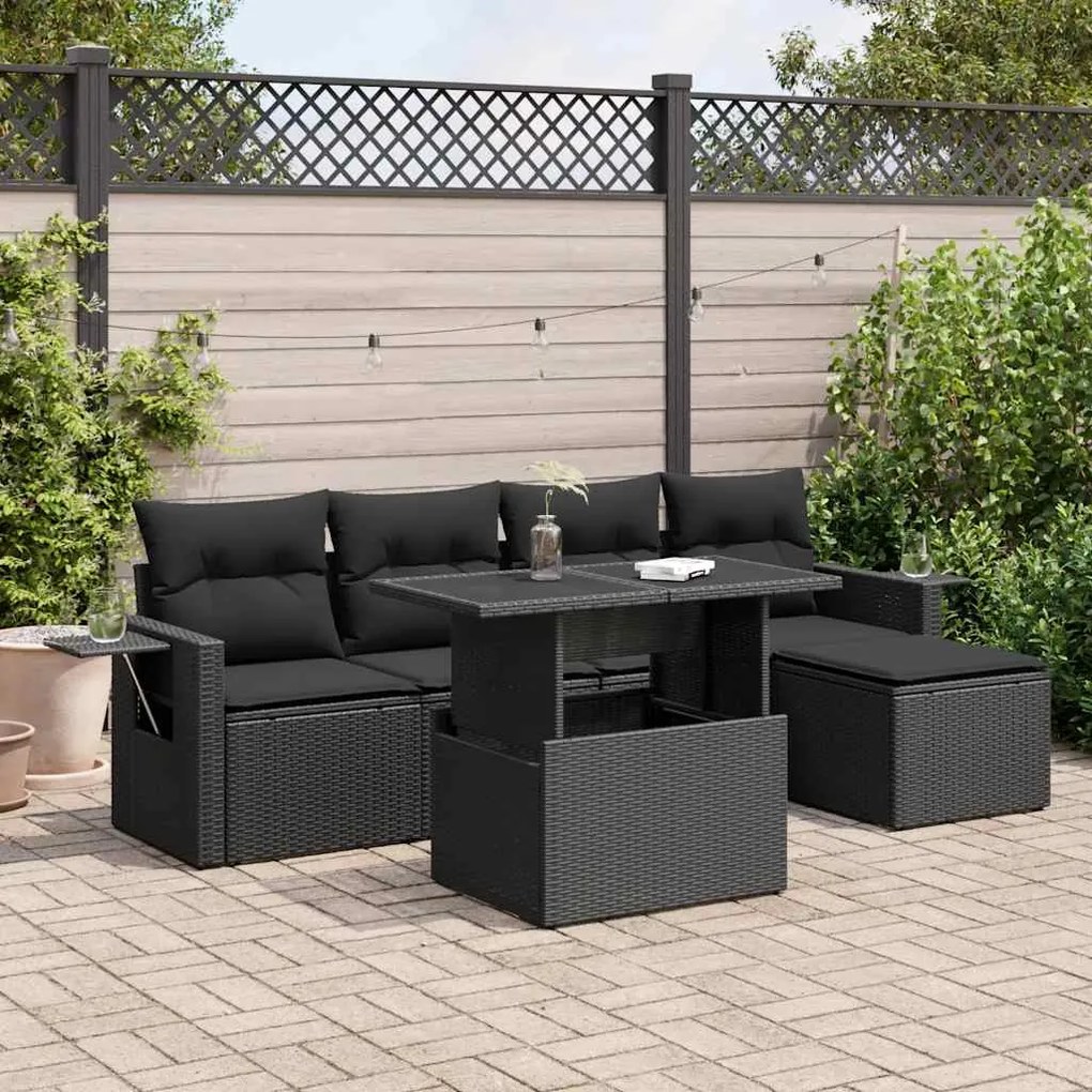 3326456 vidaXL Set mobilier de grădină cu perne, 6 piese, negru, poliratan