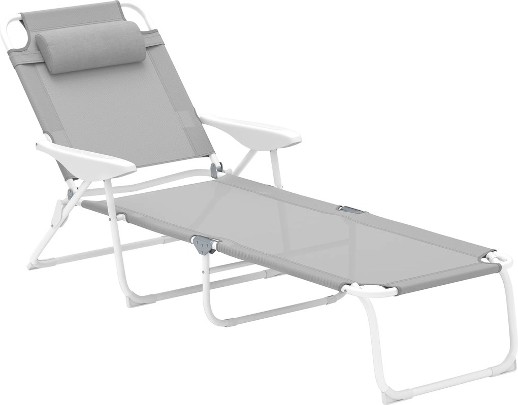 Outsunny Șezlong pliabil pentru grădină cu pernă pentru cap, fotoliu cu spătar reglabil în 4 trepte până la 120 kg, gri deschis | Aosom Romania