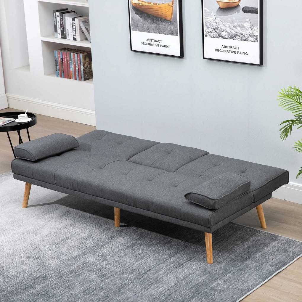 HOMCOM Canapea Extensibilă cu 3 Locuri, 2 Cotiere Detașabile, Covoraș Antiderapant și Imitație In și Lemn, 181x77x72 cm, Gri Închis | Aosom Romania