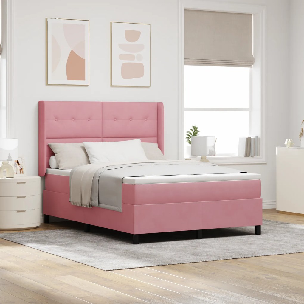 vidaXL Pat box spring cu saltea, roz, 140x200 cm, catifea