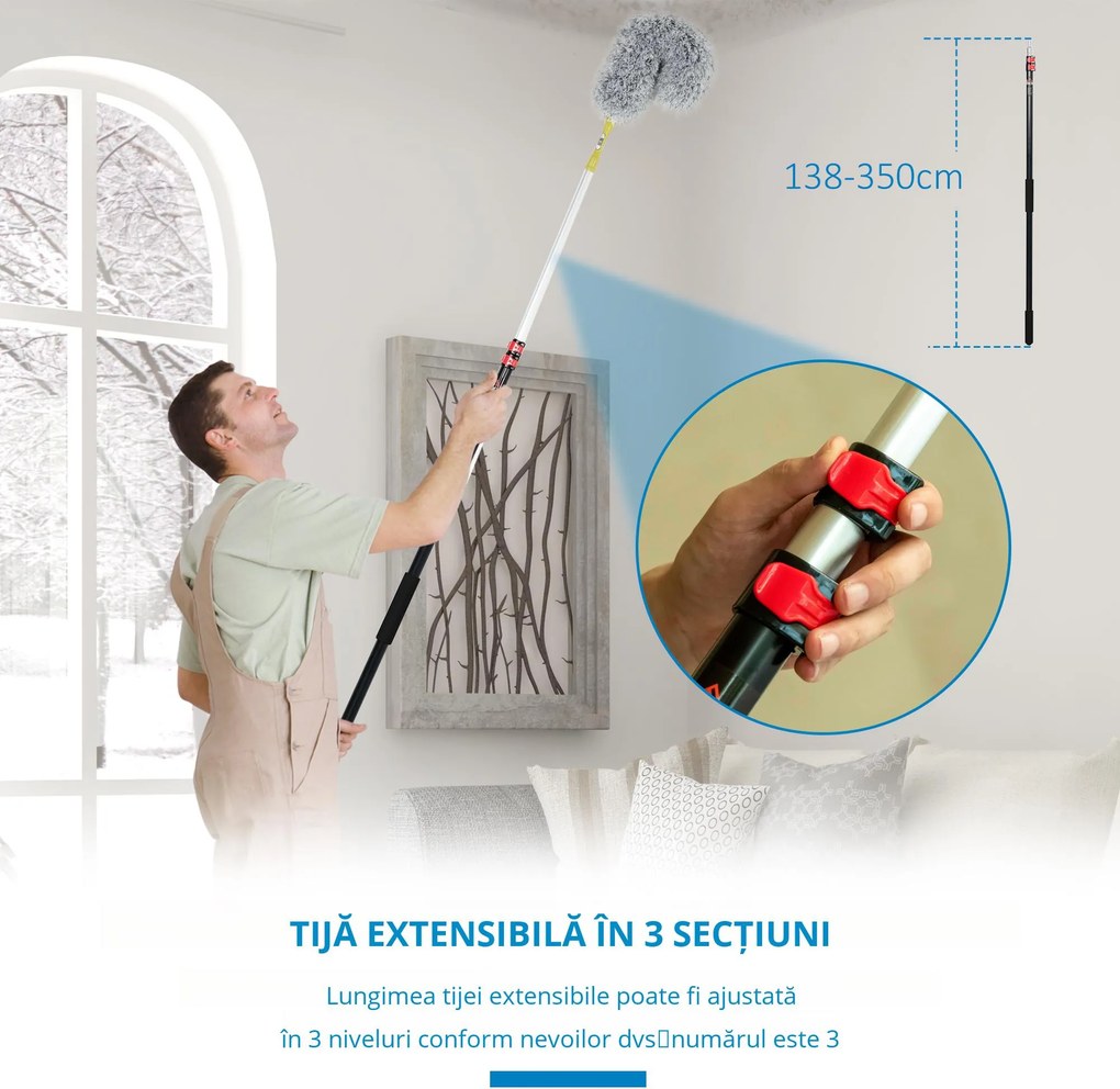 HOMCOM Kit de Curățare cu Stâlp Telescopic 3,5m și Cap Pliabil, Microfibră pentru Praf | Aosom Romania