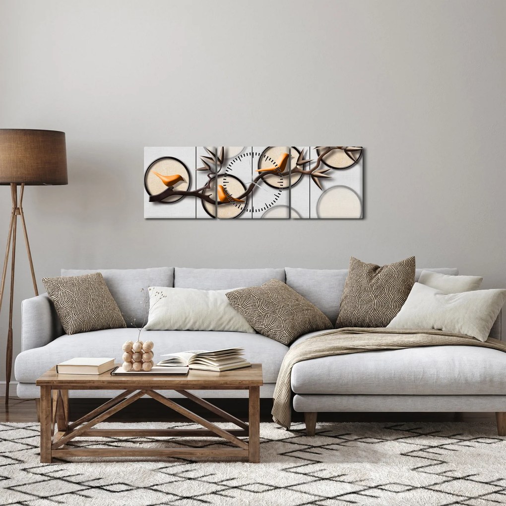 Tablou artistic - Păsărele pe creangă (cu ceas) (90x30 cm)