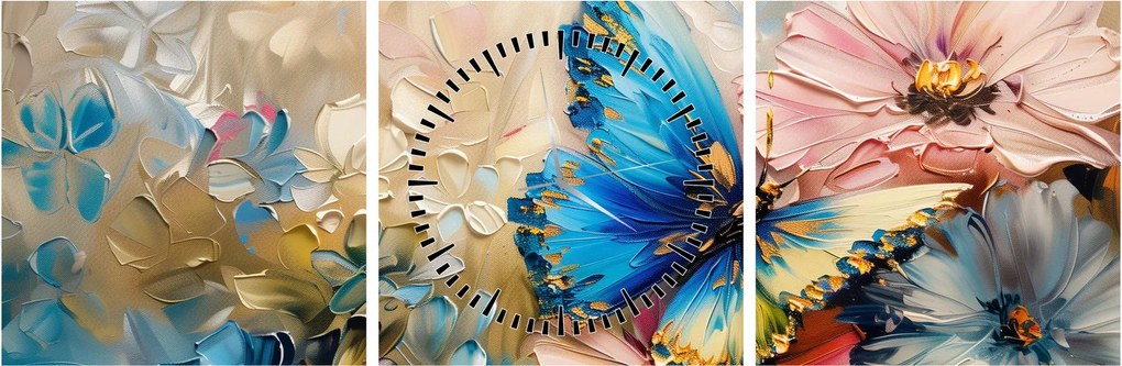 Tablou - Pictura de flori și fluturi (cu ceas) (90x30 cm)