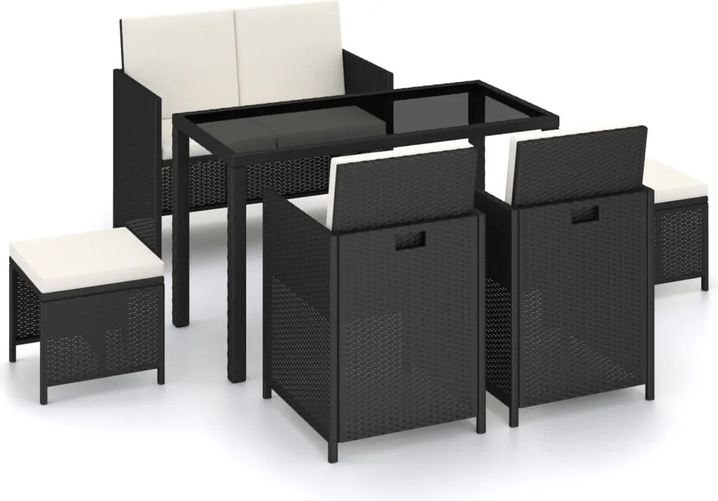 vidaXL Set mobilier de exterior cu perne, 6 piese, negru, poliratan
