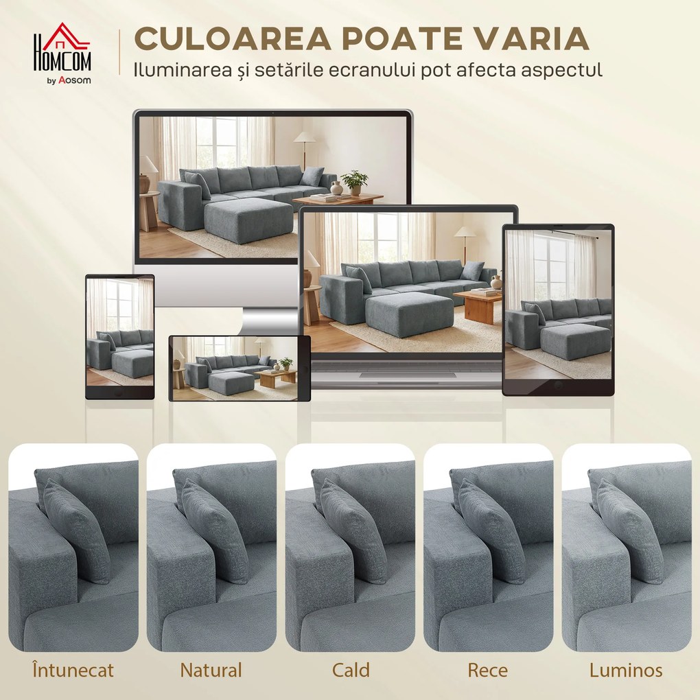 HOMCOM Canapea Modulară Secțională 294 cm, în Formă de U cu 2 Poufuri, Fără Asamblare, Gri Închis, pentru Sufragerie și Dormitor. | Aosom Romania