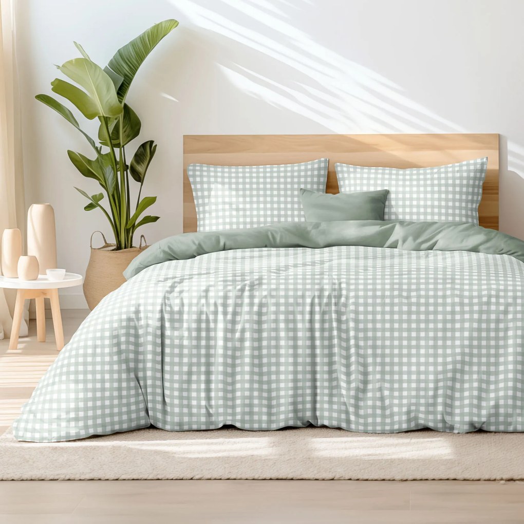 Goldea lenjerie de pat din 100% bumbac duo - carouri verde salvie cu verde salvie 140 x 220 și 50 x 70 cm