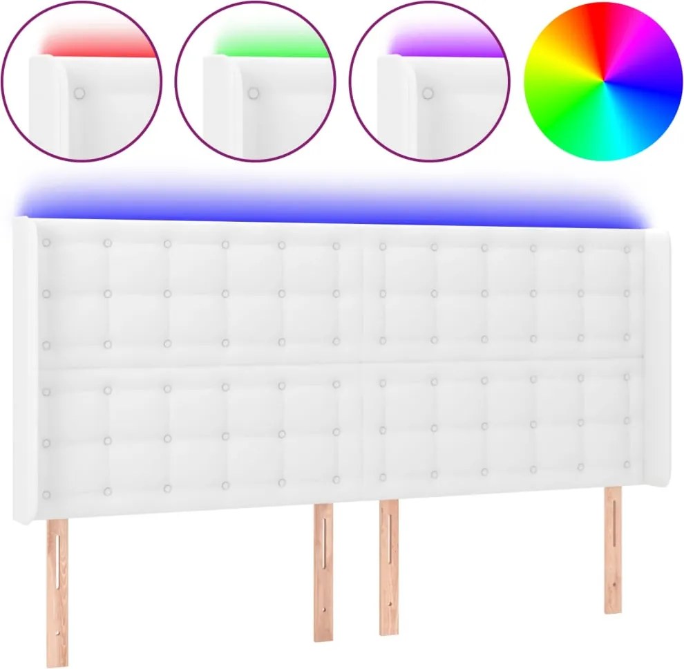 vidaXL Tăblie de pat cu LED, alb, 183x16x118/128 cm, piele ecologică