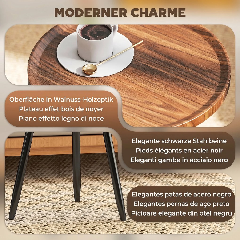 HOMCOM Măsuță de Cafea Modernă Rotundă cu Cadru din Oțel pentru Spații Mici, Lângă Canapea, Sufragerie, Dormitor, Efect de Lemn Castan | Aosom Romania