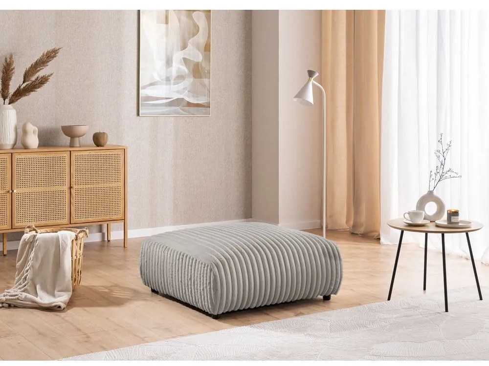 Taburet gri deschis cu tapițerie din catifea reiată Justin – Ropez