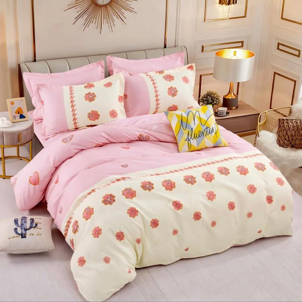Lenjerie de pat cu 2 fete, tesatura tip finet, pat 1 persoana, 4 piese, roz / crem, FNJ1-216