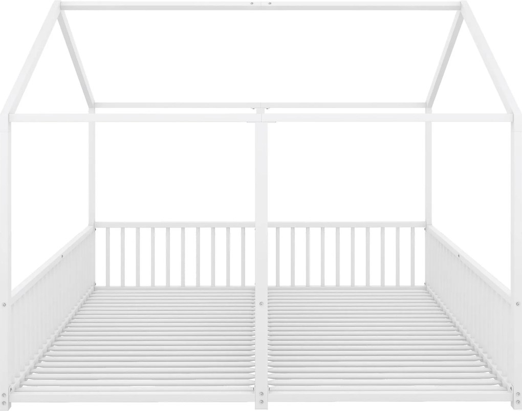 Pat dublu pentru copii 90x200 cm, formă de casă, cu barieră de siguranță, fără saltea, Alb