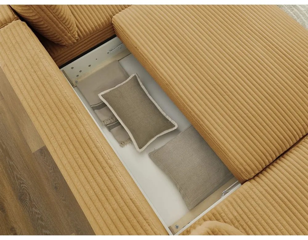 Colțar galben muștar extensibil/cu spațiu de depozitare cu tapițerie din catifea reiată (cu colț pe partea dreaptă/în formă de "U") Lucien – Bobochic Paris