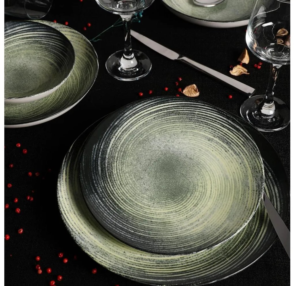 Set veselă 24 de piese verde/negru/porțelan