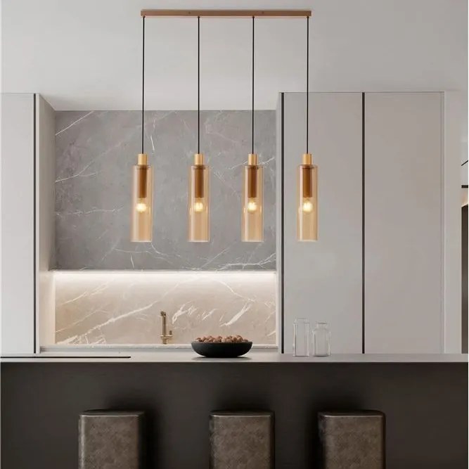 Lustra cu 4 pendule metal auriu, sticla chihlimbar ZOELLA