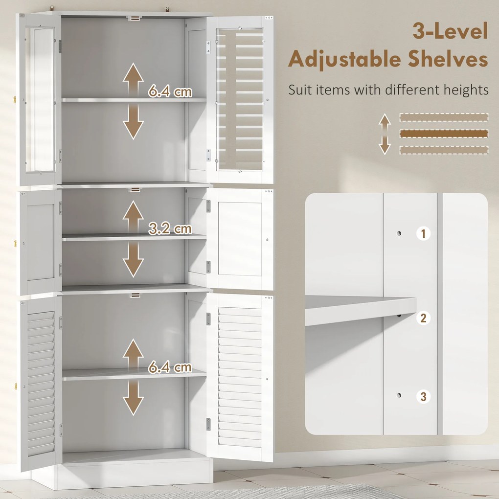 HOMCOM Dulap pentru baie cu 3 compartimente și 2 uși din sticlă și lemn, rafturi reglabile, 60x30x170 cm, alb | Aosom Romania