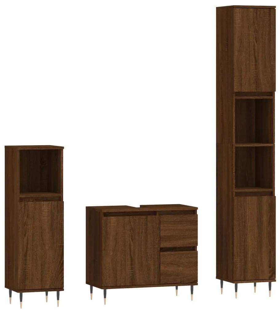 3190220 vidaXL Set mobilier de baie, 3 piese, stejar maro, lemn prelucrat